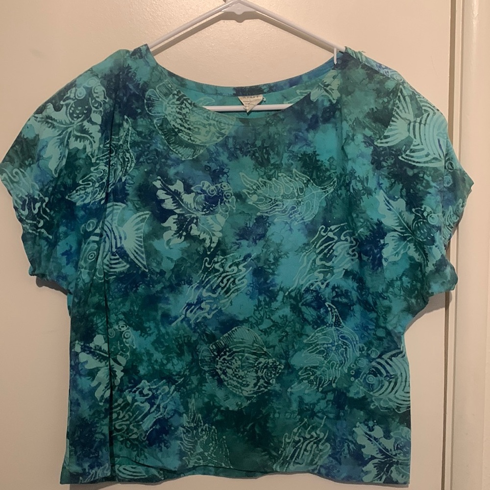 Batik Blue green aqua turquoise Top. Rayon top, Medium.